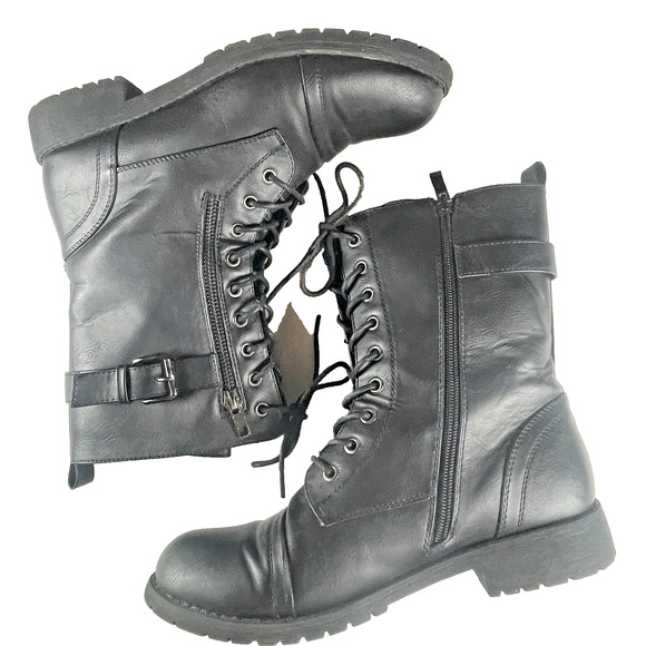 Vepose Black Women Combat Boots Size 8.5 Mid-Calf Zip w/Side Pocket CJY928 Laces - Picture 6 of 10